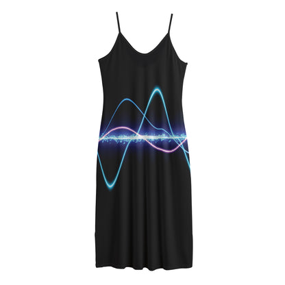 Pink And Teal Sound Wave Print Jersey Midi Cami Dress