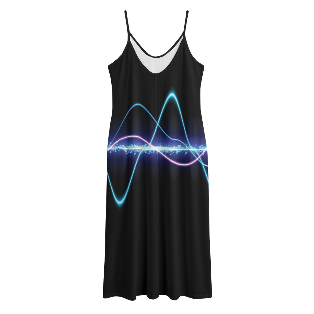 Pink And Teal Sound Wave Print Jersey Midi Cami Dress