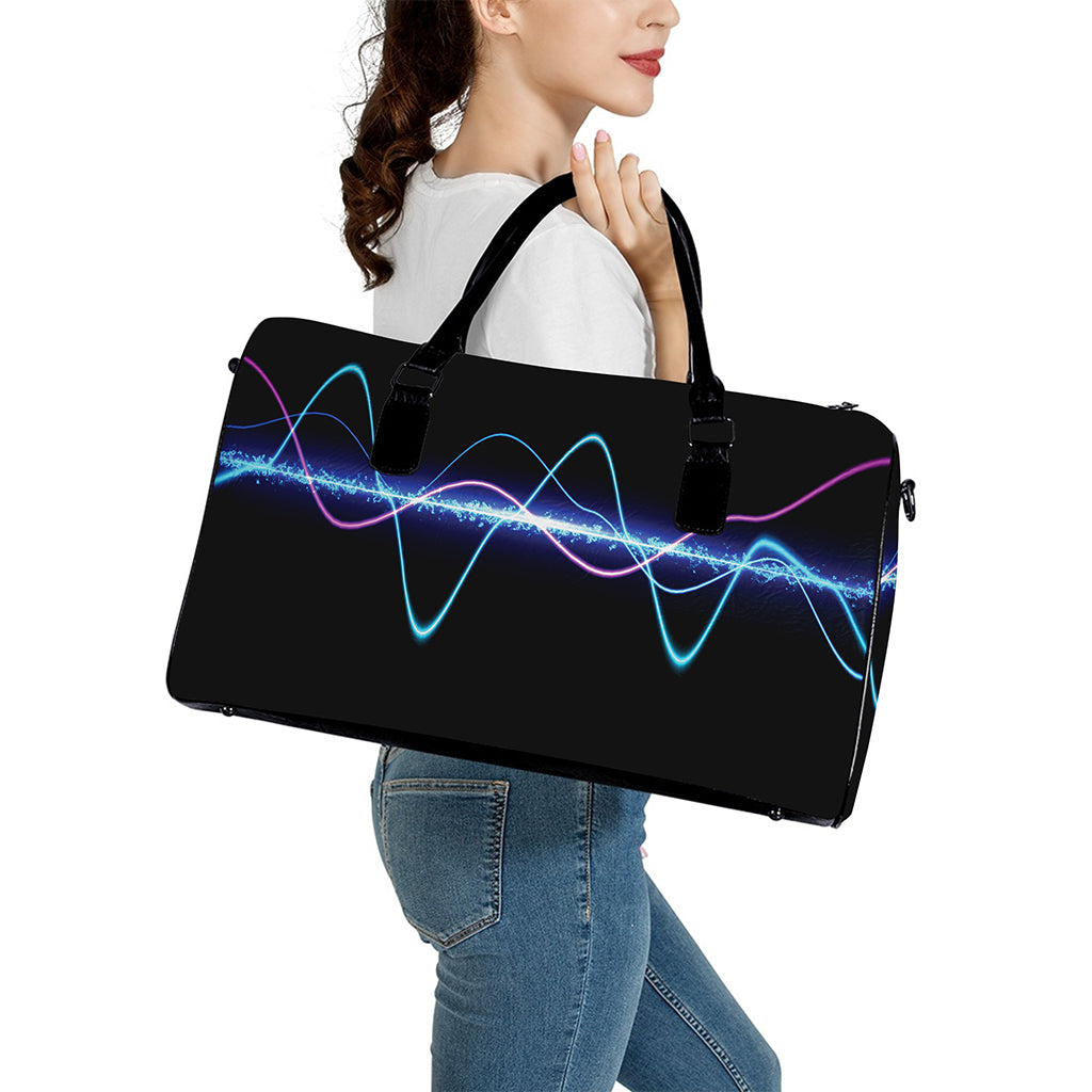 Pink And Teal Sound Wave Print Leather Duffle Bag