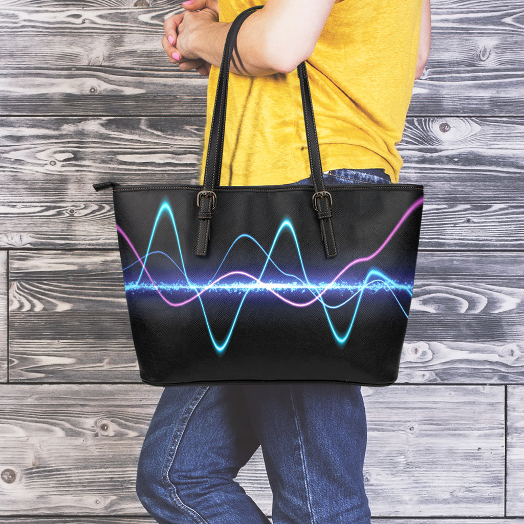 Pink And Teal Sound Wave Print Leather Tote Bag