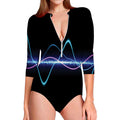 Pink And Teal Sound Wave Print Long Sleeve Swimsuit