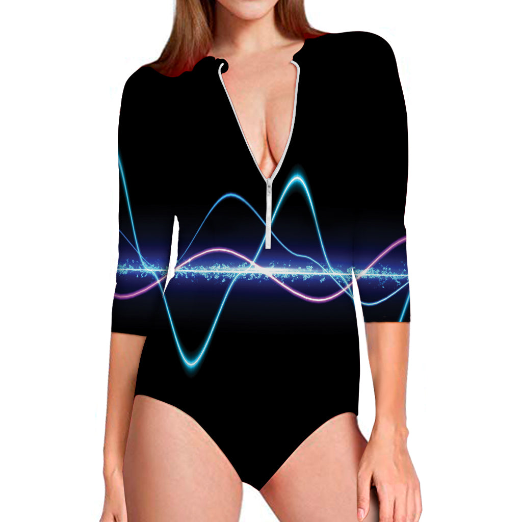 Pink And Teal Sound Wave Print Long Sleeve Swimsuit