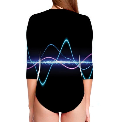 Pink And Teal Sound Wave Print Long Sleeve Swimsuit
