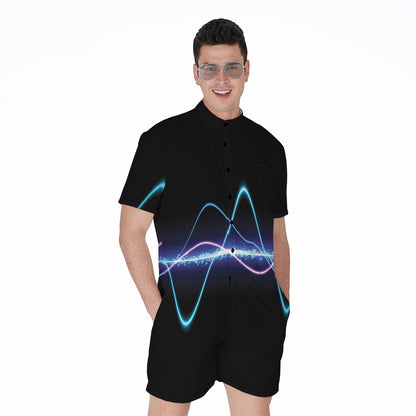 Pink And Teal Sound Wave Print Men's Rompers