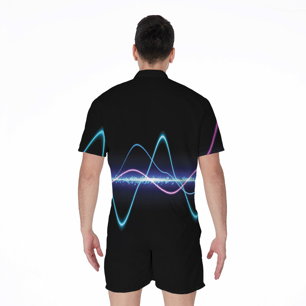 Pink And Teal Sound Wave Print Men's Rompers