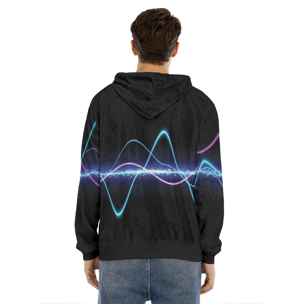 Pink And Teal Sound Wave Print Men's Velvet Pullover Hoodie