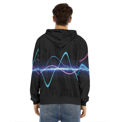 Pink And Teal Sound Wave Print Men's Velvet Pullover Hoodie