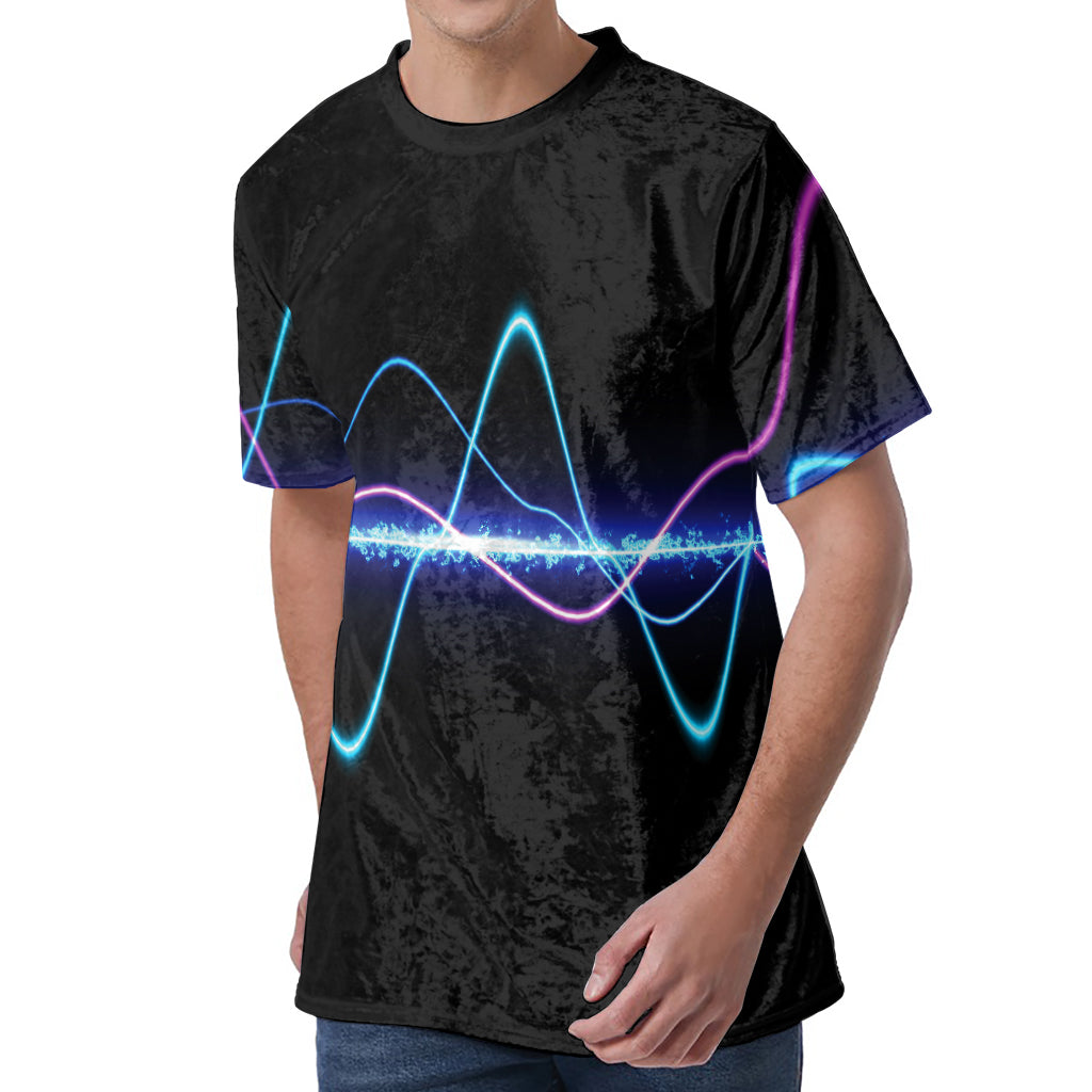 Pink And Teal Sound Wave Print Men's Velvet T-Shirt