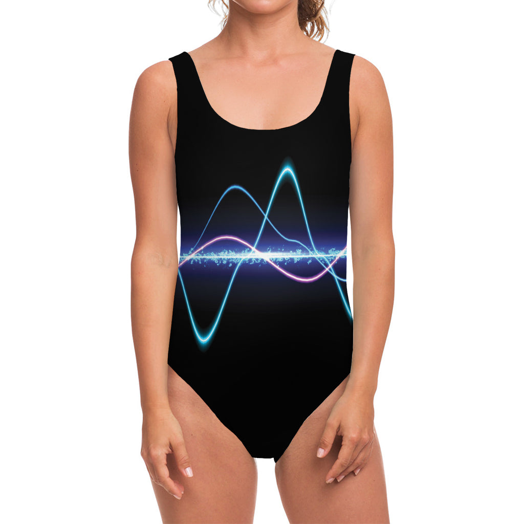 Pink And Teal Sound Wave Print One Piece Swimsuit