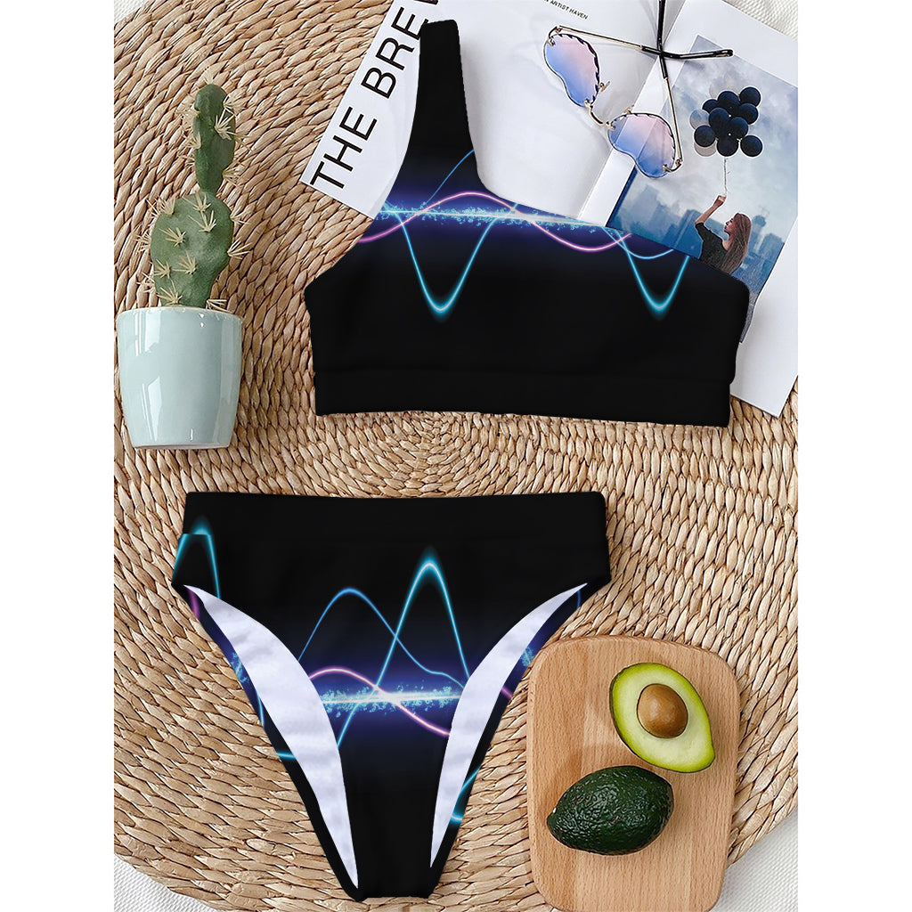 Pink And Teal Sound Wave Print One Shoulder Bikini Top