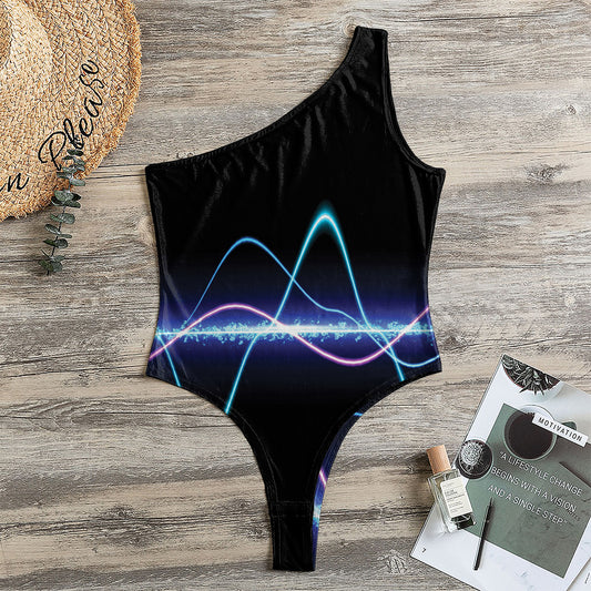 Pink And Teal Sound Wave Print One Shoulder Bodysuit