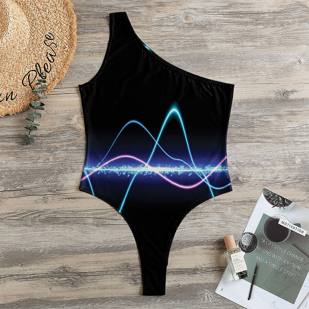 Pink And Teal Sound Wave Print One Shoulder Bodysuit