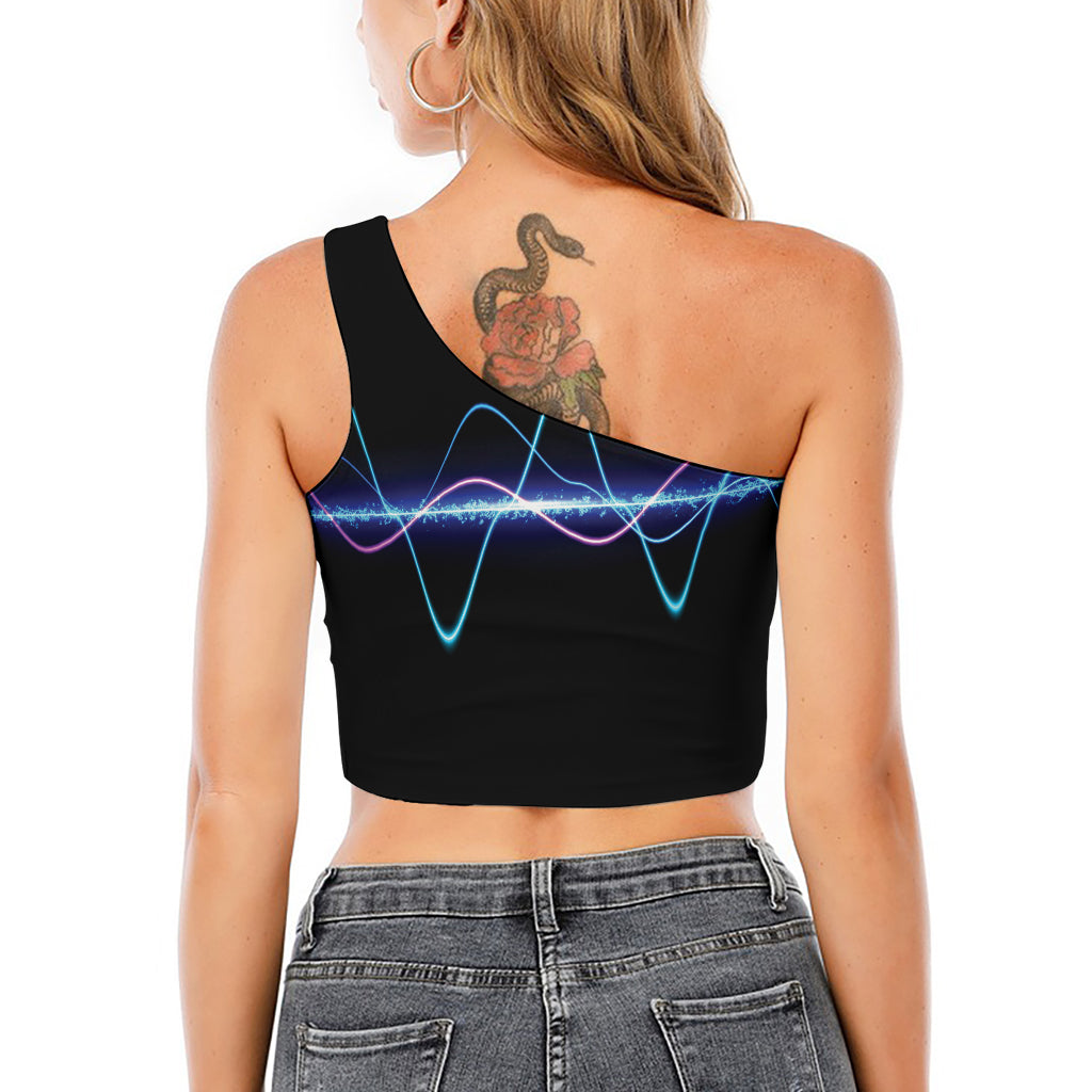 Pink And Teal Sound Wave Print One Shoulder Crop Top