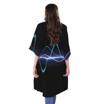 Pink And Teal Sound Wave Print Open Front Beach Cover Up
