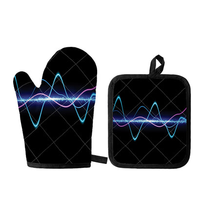Pink And Teal Sound Wave Print Oven Mitt And Pot Holder Set