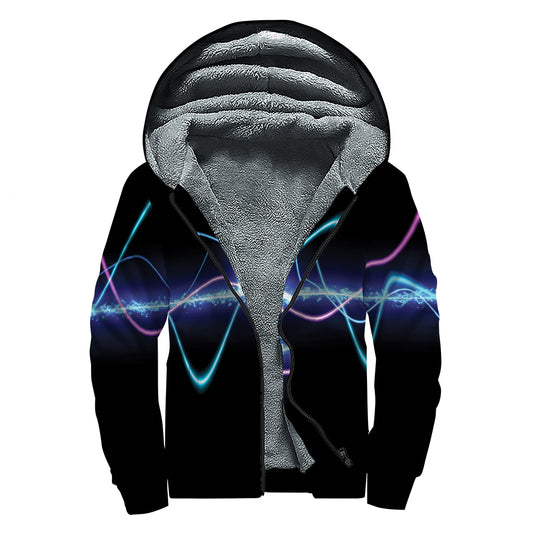 Pink And Teal Sound Wave Print Sherpa Lined Zip Up Hoodie