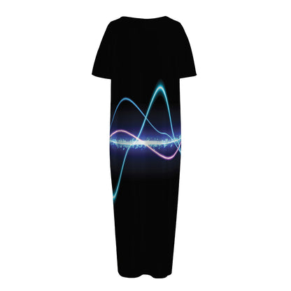 Pink And Teal Sound Wave Print Short Sleeve Long Nightdress