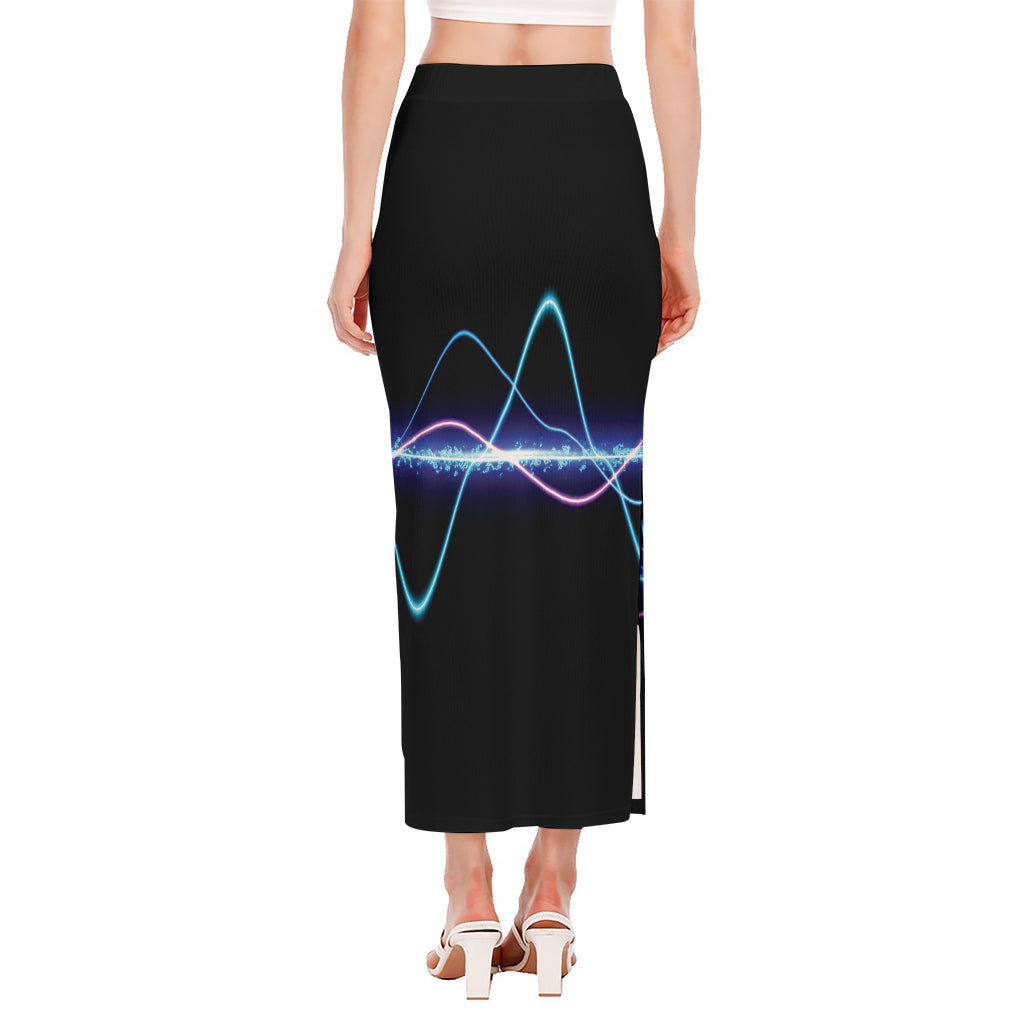 Pink And Teal Sound Wave Print Side Slit Maxi Skirt