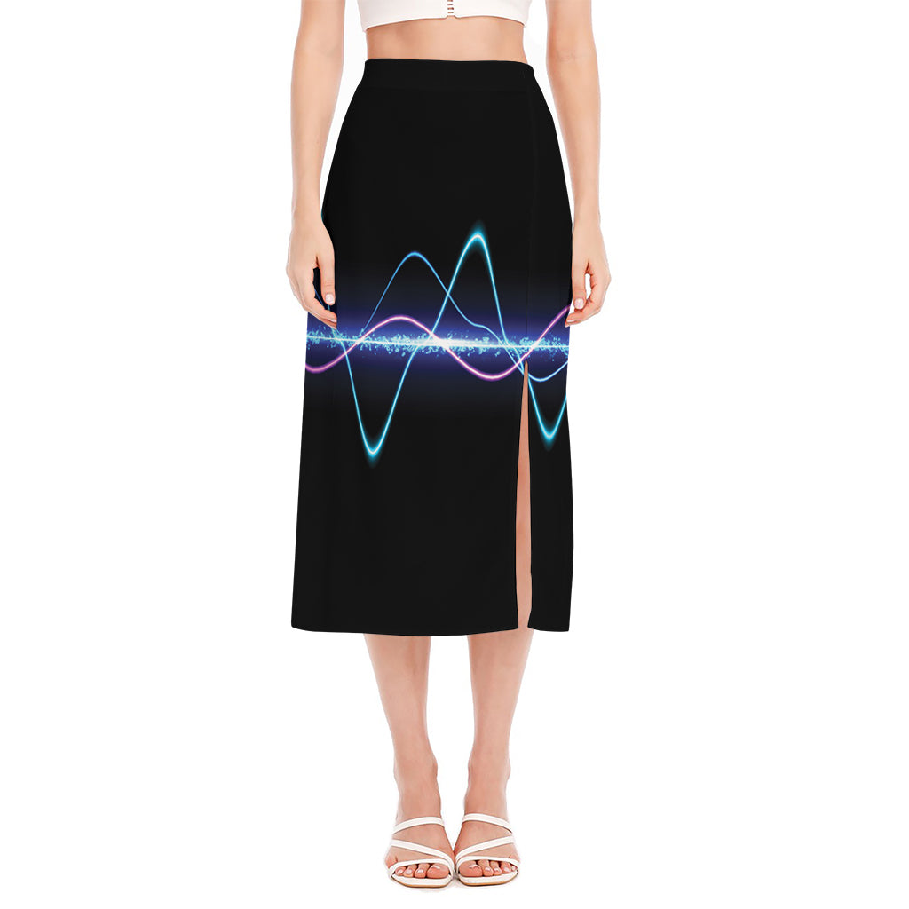 Pink And Teal Sound Wave Print Side Slit Midi Skirt