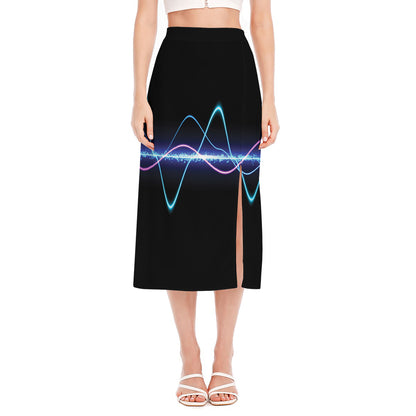 Pink And Teal Sound Wave Print Side Slit Midi Skirt