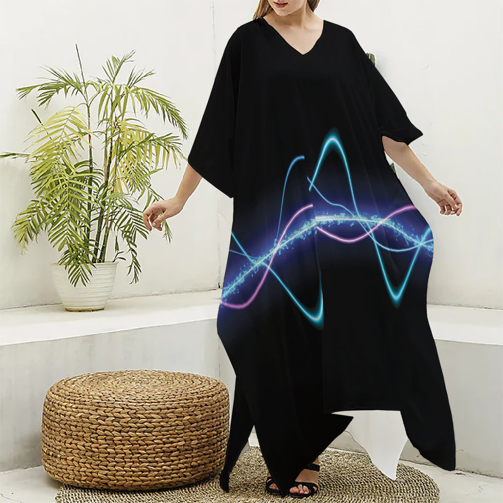 Pink And Teal Sound Wave Print Silk V-Neck Kaftan Dress