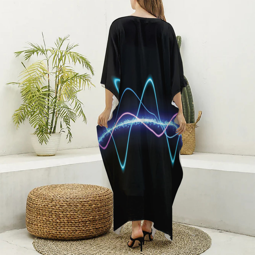 Pink And Teal Sound Wave Print Silk V-Neck Kaftan Dress