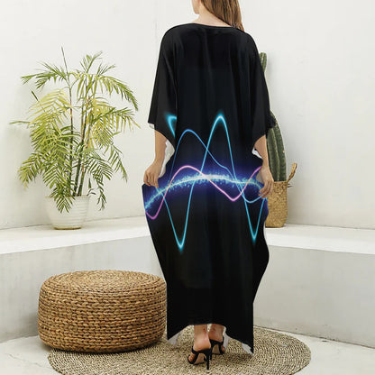 Pink And Teal Sound Wave Print Silk V-Neck Kaftan Dress