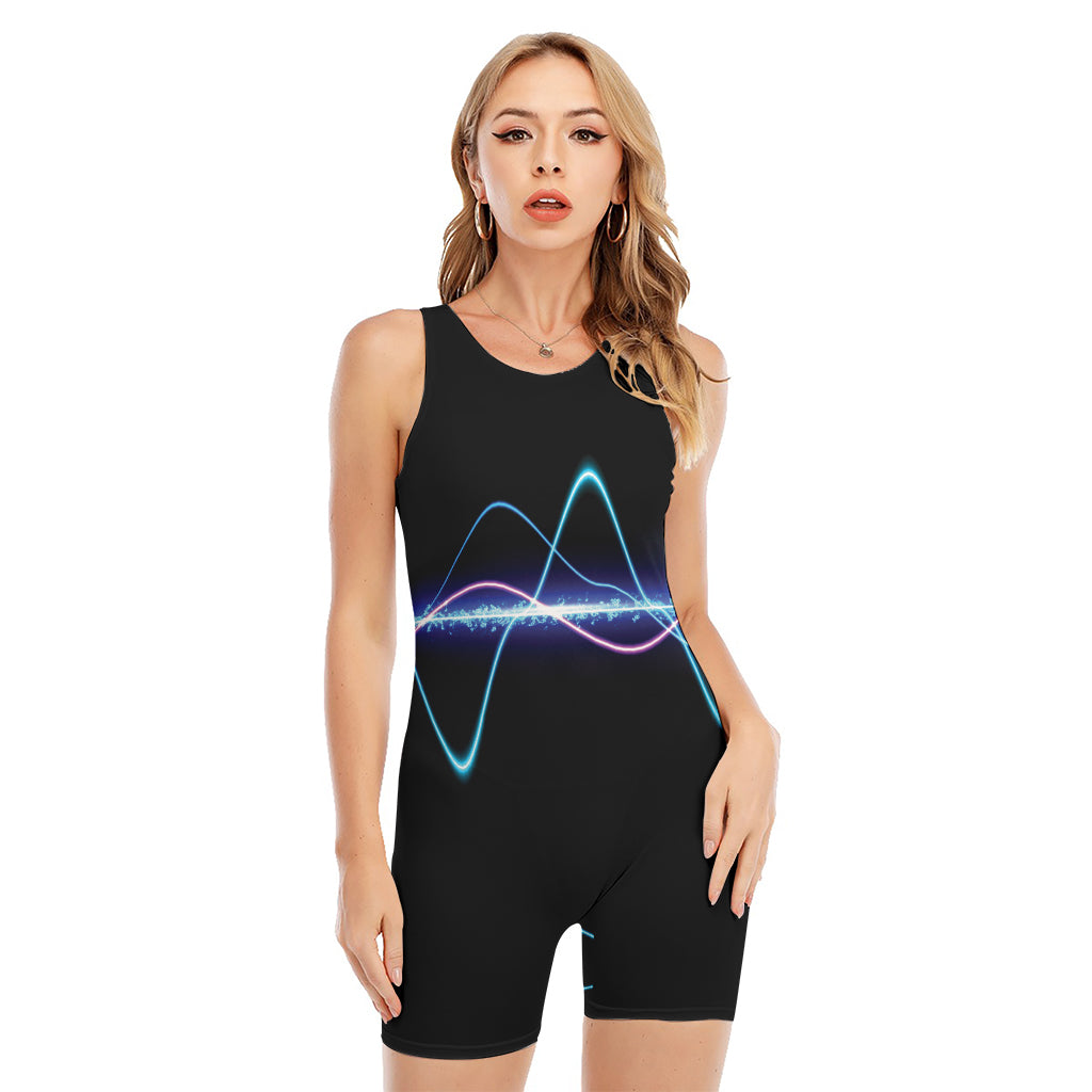 Pink And Teal Sound Wave Print Sleeveless One Piece Swimsuit