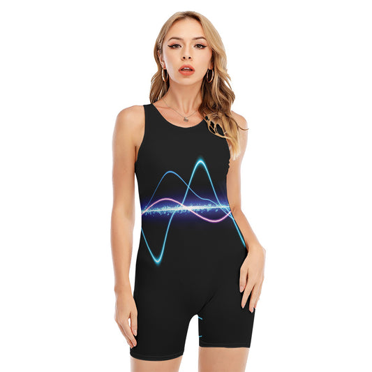 Pink And Teal Sound Wave Print Sleeveless One Piece Swimsuit