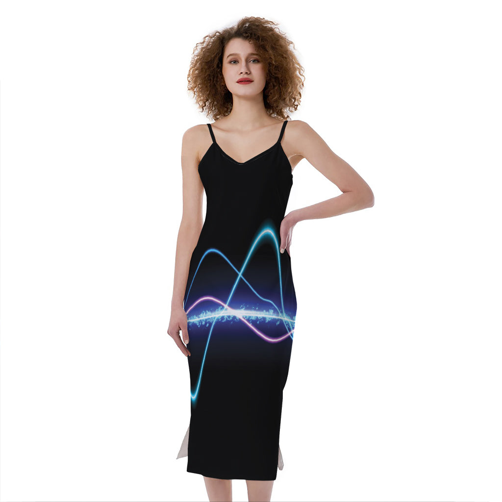 Pink And Teal Sound Wave Print Slim Fit Midi Cami Dress