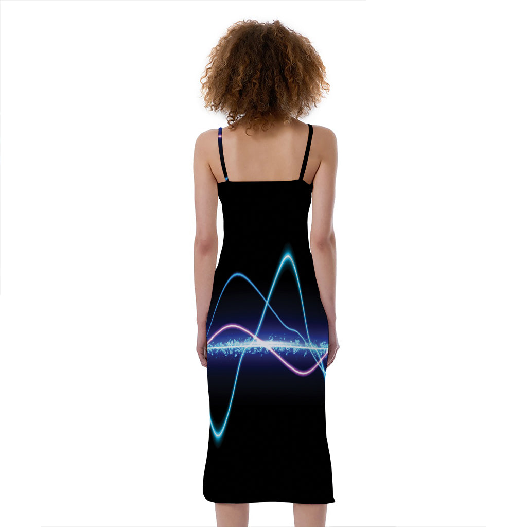 Pink And Teal Sound Wave Print Slim Fit Midi Cami Dress