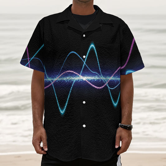 Pink And Teal Sound Wave Print Textured Short Sleeve Shirt