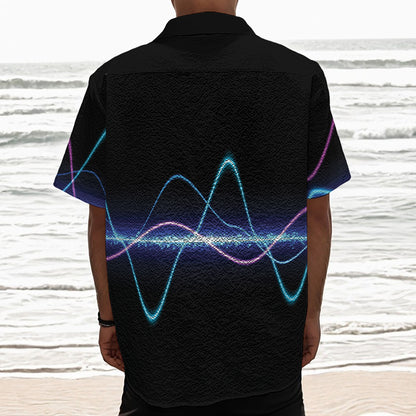 Pink And Teal Sound Wave Print Textured Short Sleeve Shirt