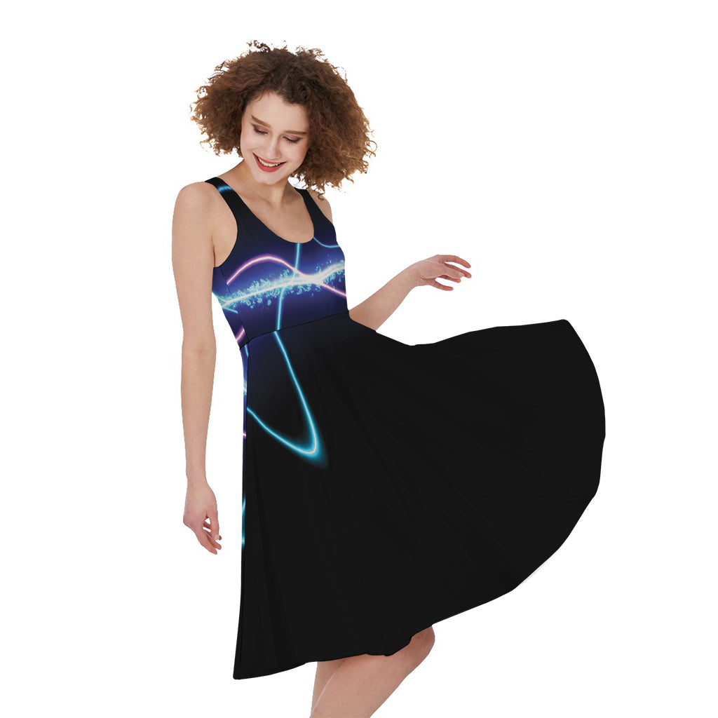 Pink And Teal Sound Wave Print Women's Sleeveless Dress
