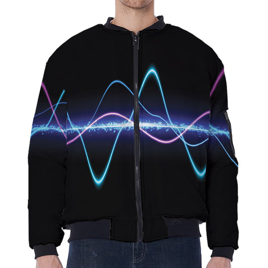 Pink And Teal Sound Wave Print Zip Sleeve Bomber Jacket