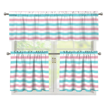 Pink And Teal Striped Pattern Print 3 Piece Kitchen Curtains