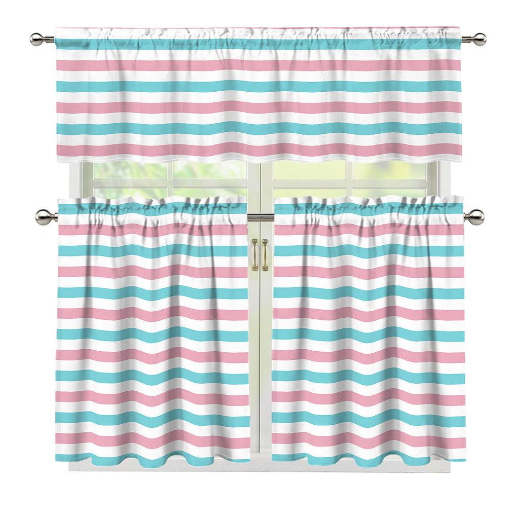 Pink And Teal Striped Pattern Print 3 Piece Kitchen Curtains