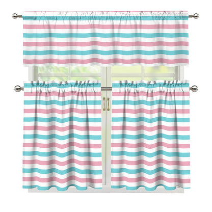 Pink And Teal Striped Pattern Print 3 Piece Kitchen Curtains