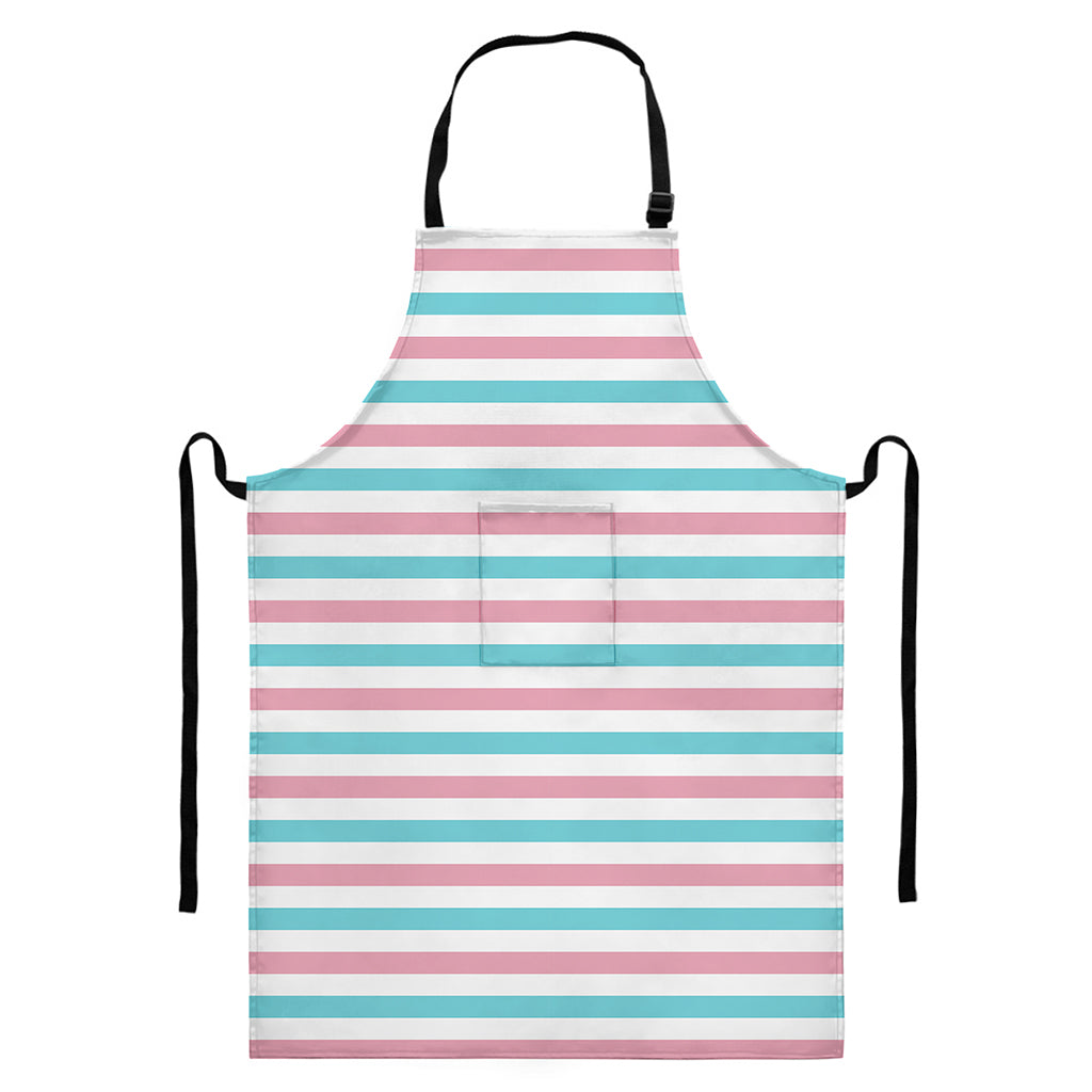 Pink And Teal Striped Pattern Print Bib Apron With Pocket