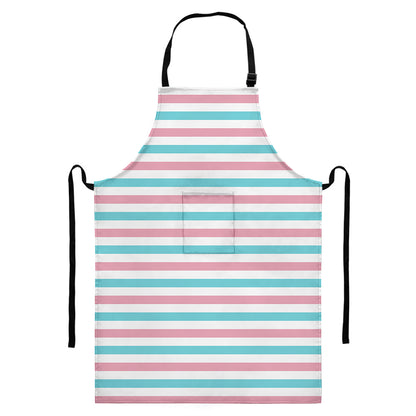 Pink And Teal Striped Pattern Print Bib Apron With Pocket