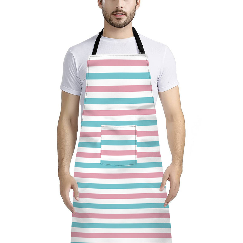 Pink And Teal Striped Pattern Print Bib Apron With Pocket