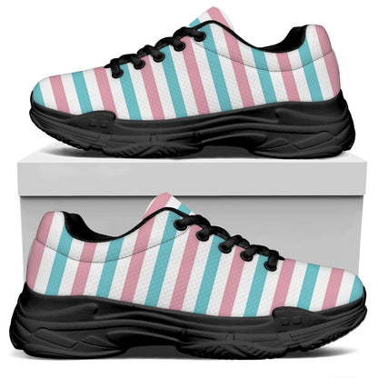 Pink And Teal Striped Pattern Print Black Chunky Shoes