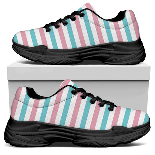 Pink And Teal Striped Pattern Print Black Chunky Shoes