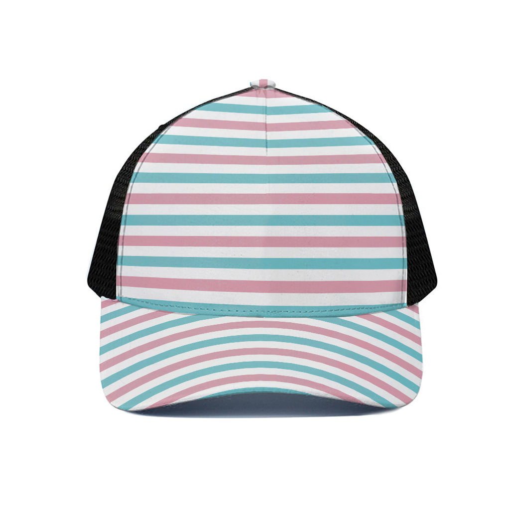 Pink And Teal Striped Pattern Print Black Mesh Trucker Cap