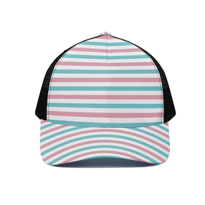 Pink And Teal Striped Pattern Print Black Mesh Trucker Cap