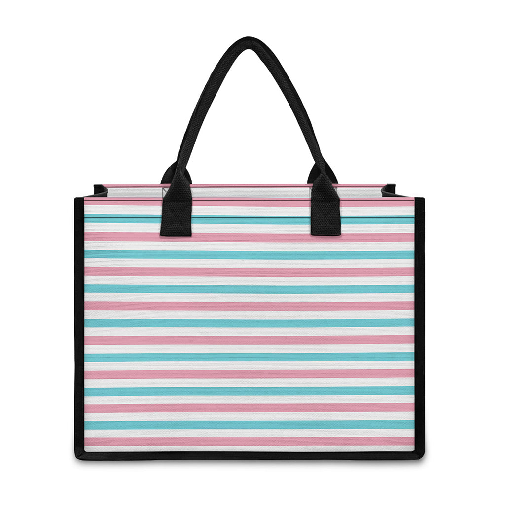 Pink And Teal Striped Pattern Print Canvas Tote Bag