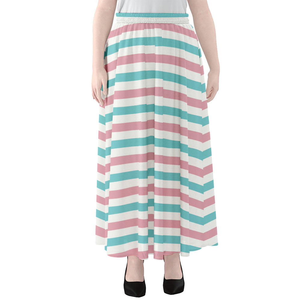 Pink And Teal Striped Pattern Print Chiffon Maxi Skirt