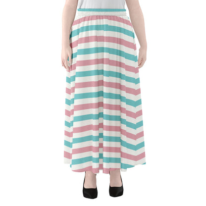 Pink And Teal Striped Pattern Print Chiffon Maxi Skirt