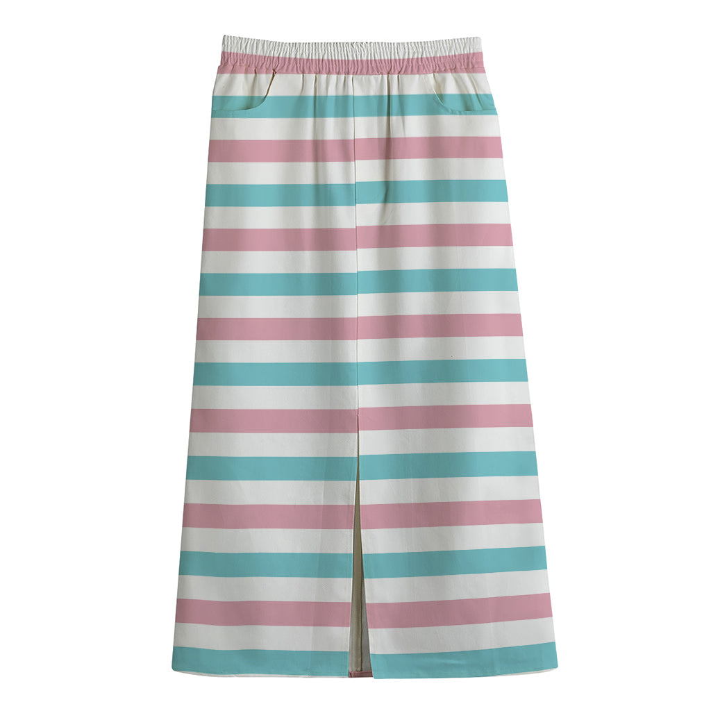 Pink And Teal Striped Pattern Print Cotton Front Slit Maxi Skirt