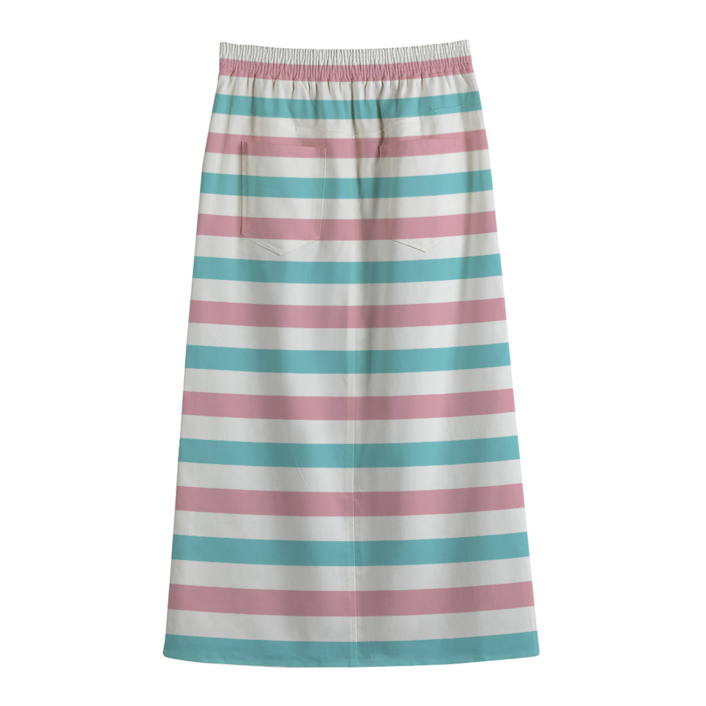 Pink And Teal Striped Pattern Print Cotton Front Slit Maxi Skirt
